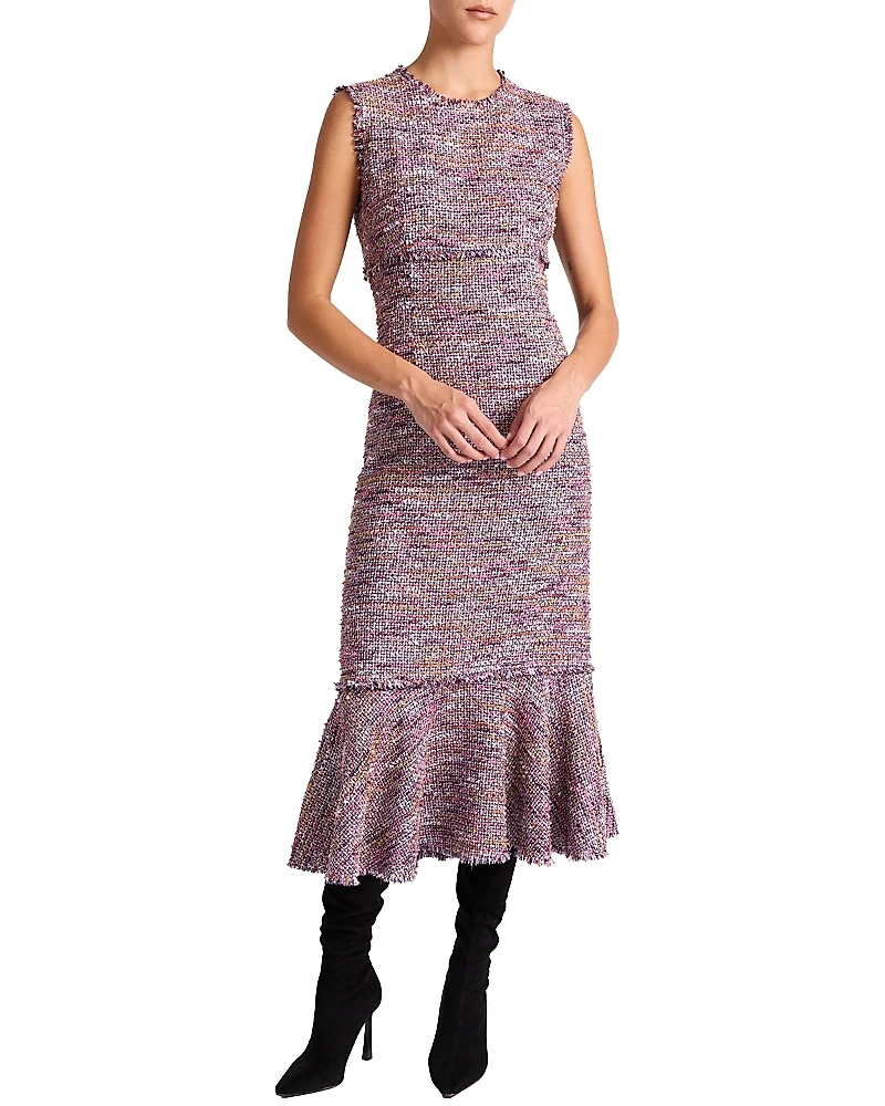 Santorelli Andi Sleeveless Tweed Midi Sheath Dress with Flared Skirt Panel