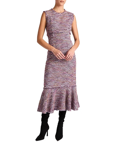 Santorelli Andi Sleeveless Tweed Midi Sheath Dress with Flared Skirt Panel