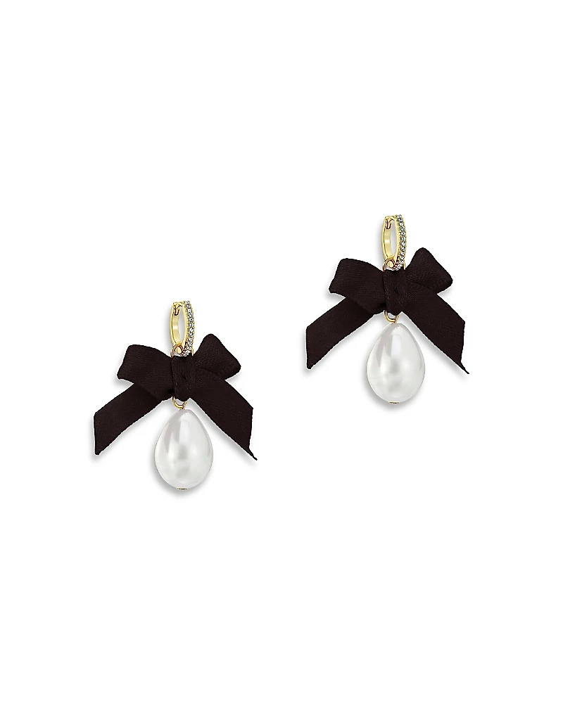 Ted Baker Riyya Ribbon Bow Imitation Pearl Huggie Drop Earrings, 0.9L