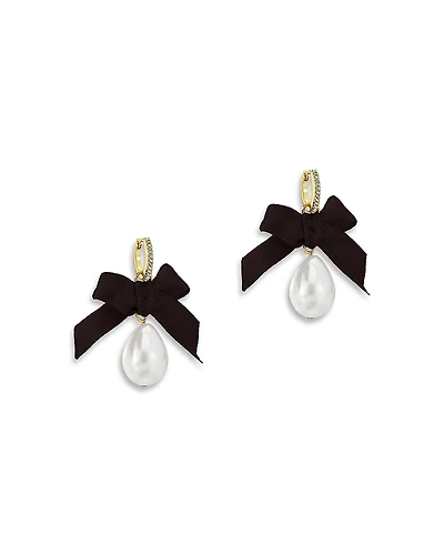 Ted Baker Riyya Ribbon Bow Imitation Pearl Huggie Drop Earrings, 0.9L
