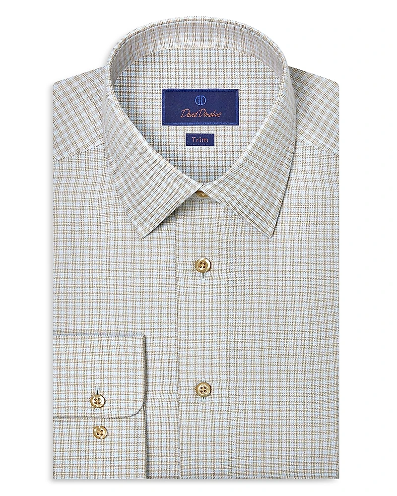 David Donahue Trim Fit Cashmere Blend Twill Check Dress Shirt