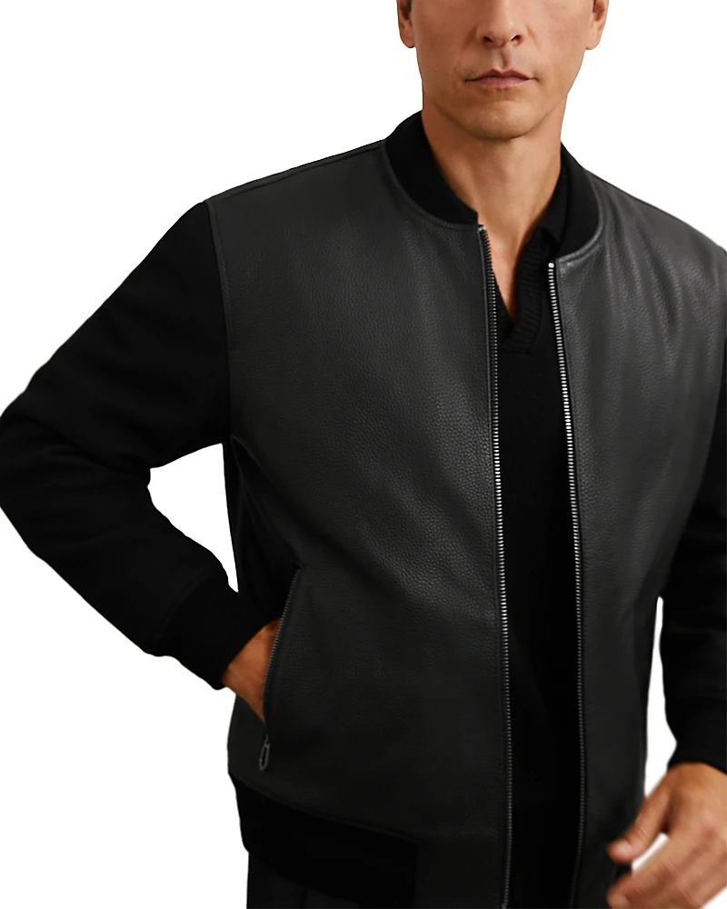 Reiss Pearman Wool Blend Sleeve Leather Bomber Jacket