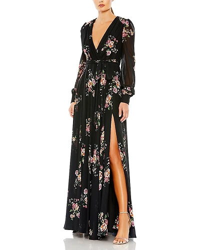 Mac Duggal Belted Floral Print Illusion Long Sleeve Gown