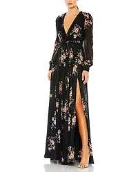 Mac Duggal Belted Floral Print Illusion Long Sleeve Gown
