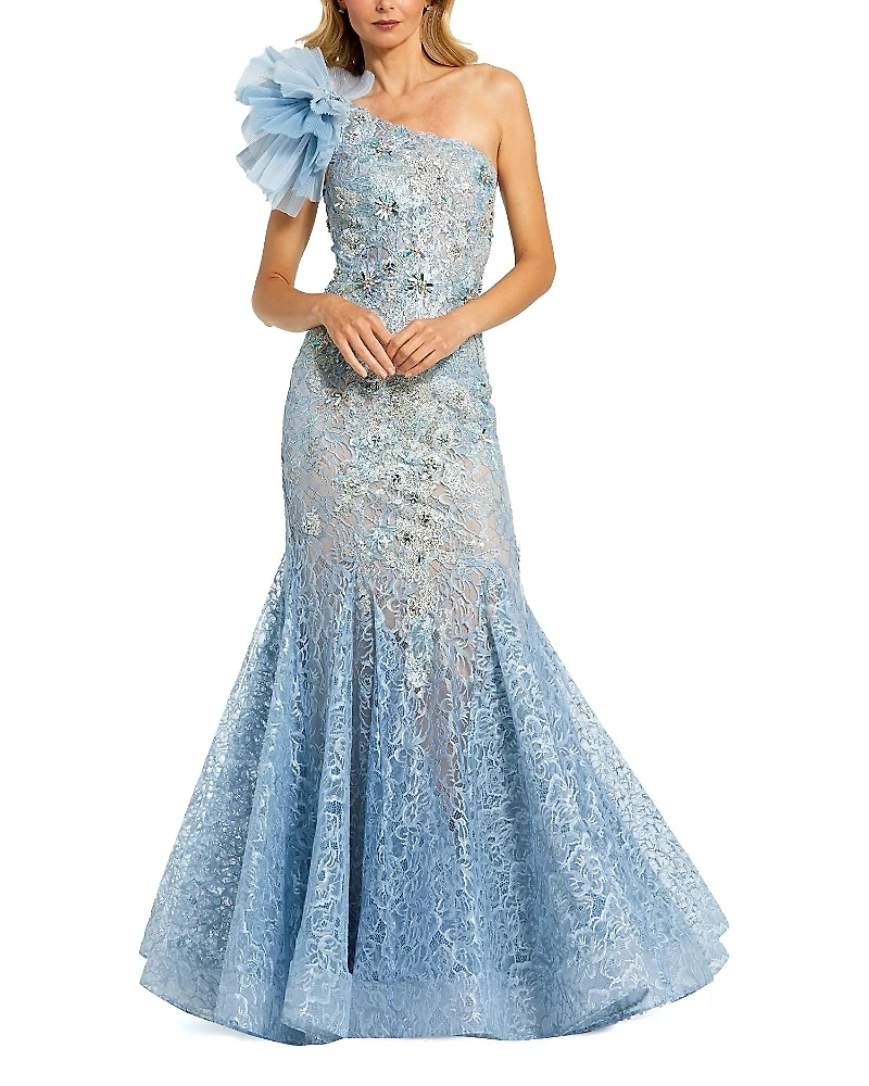 Mac Duggal Embellished Tulle Flower Detail Mermaid Gown