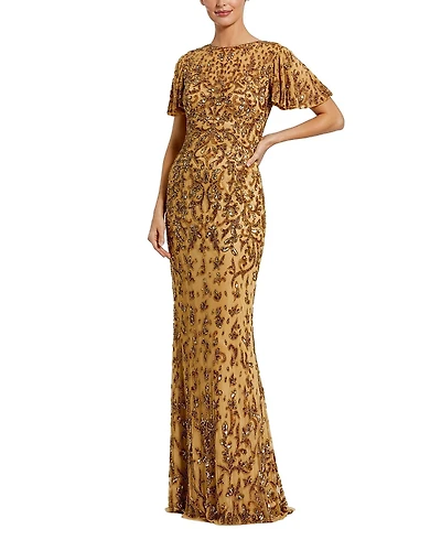 Mac Duggal Embellished High Neck Flutter Sleeve Gown