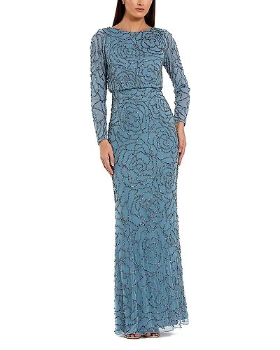Mac Duggal Beaded Mesh Long Sleeve Blouson Top Gown
