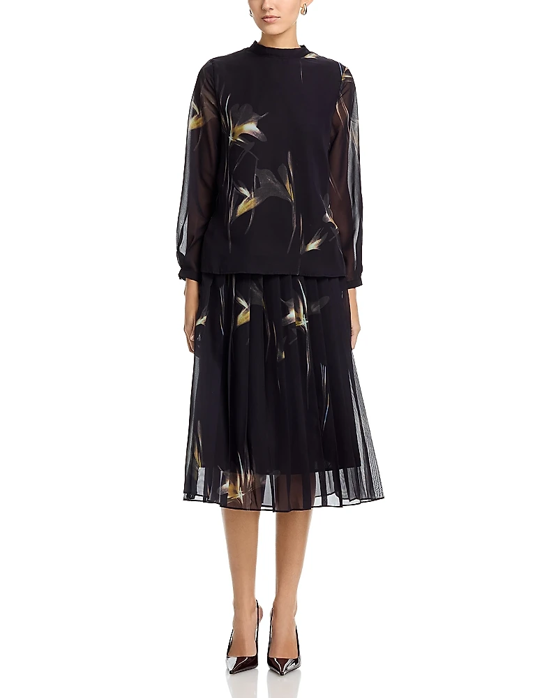 Nancy Yang Printed Long Sleeve Top & Pleated Midi Skirt Set