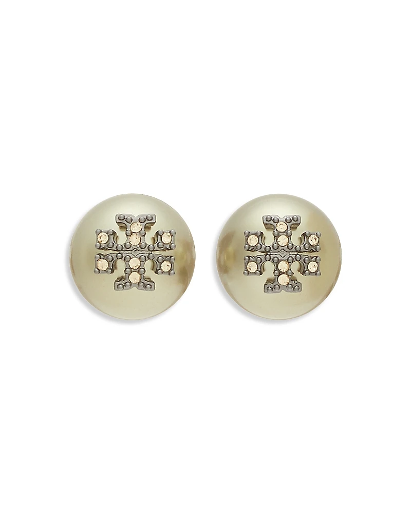 Tory Burch Kira Pave Double T Imitation Pearl Stud Earrings