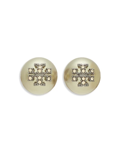 Tory Burch Kira Pave Double T Imitation Pearl Stud Earrings