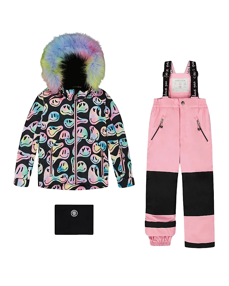 Deux par Girls' Two-Piece Play Snowsuit Smiley Face Jacket - Big Kid