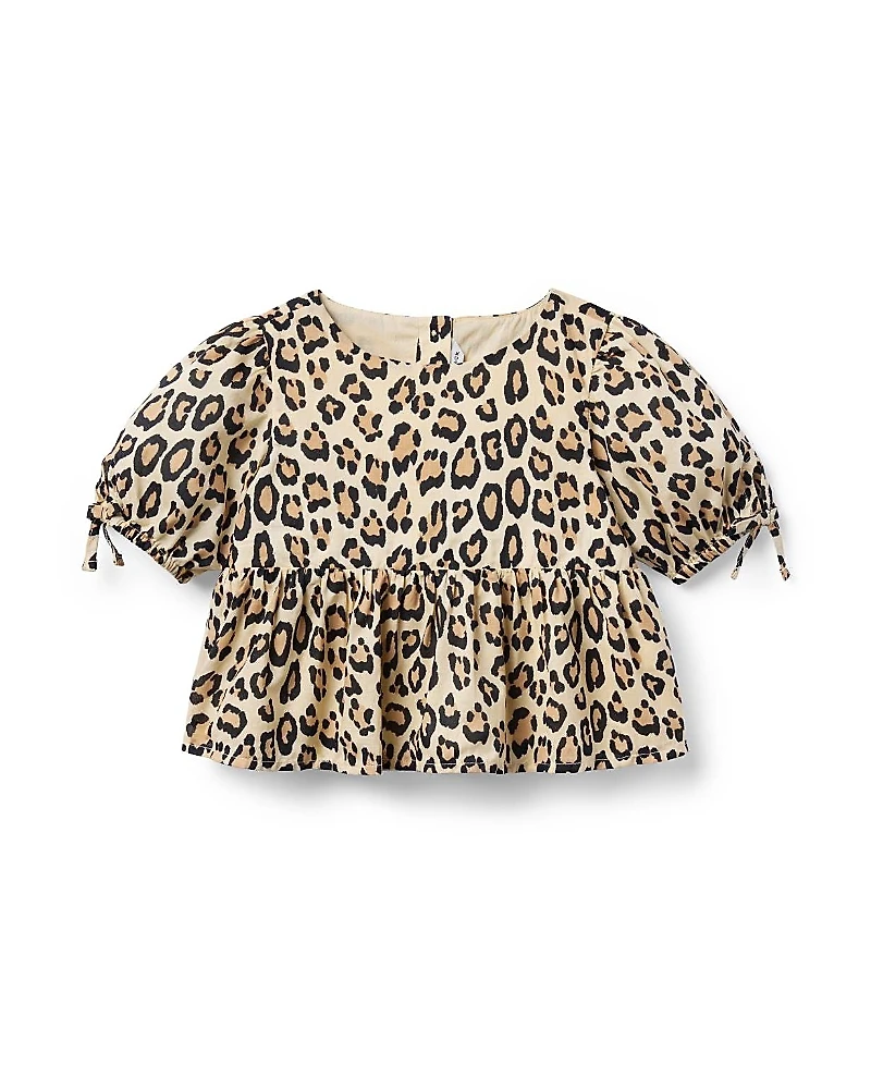 Janie and Jack Girls' Leopard Puff Sleeve Peplum Top - Baby, Little Kid, Big Kid