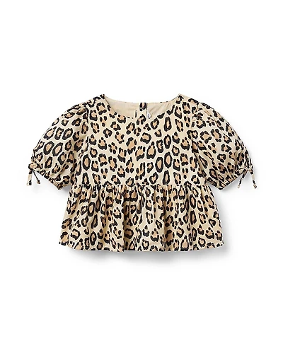 Janie and Jack Girls' Leopard Puff Sleeve Peplum Top - Baby, Little Kid, Big Kid