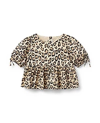 Janie and Jack Girls' Leopard Puff Sleeve Peplum Top - Baby, Little Kid, Big Kid