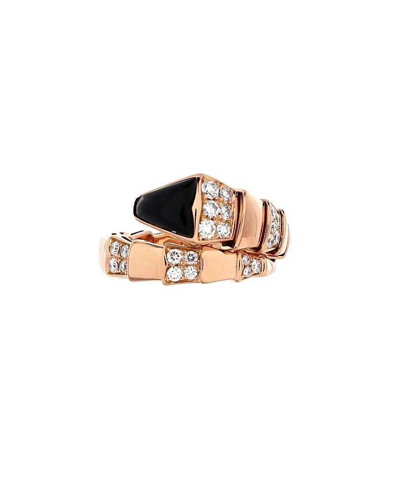Pre-Owned Bvlgari Wide Serpenti Viper One-Coil Ring 18K Rose Gold with Onyx and Semi Pave Diamonds