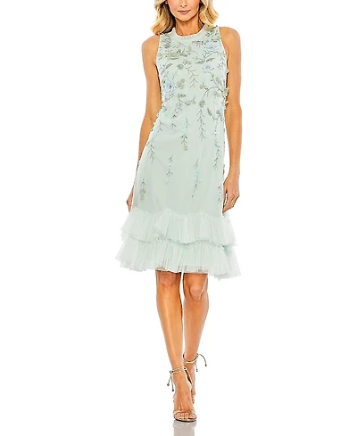 Mac Duggal Embellished Ruffle Tiered High Neck Floral Dress