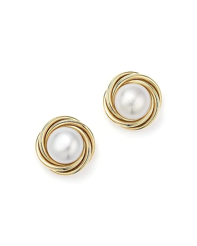 14K Yellow Gold Knot Stud Earrings with Cultured Freshwater Pearls