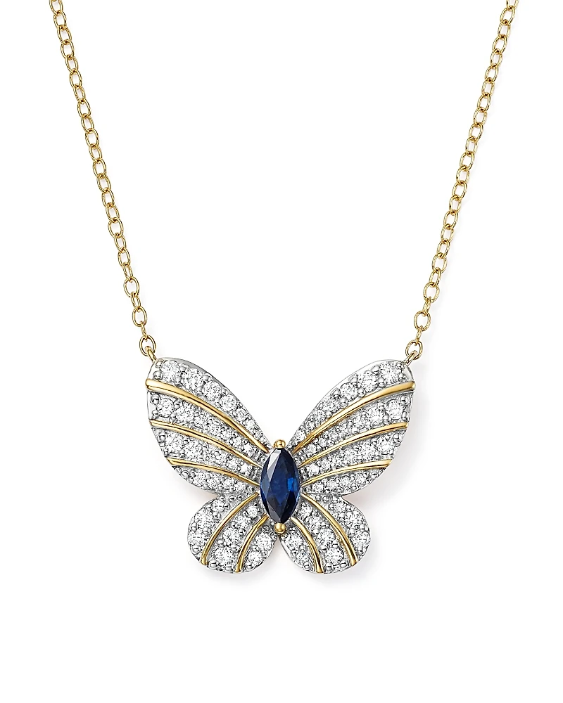 Diamond and Blue Sapphire Butterfly Pendant Necklace