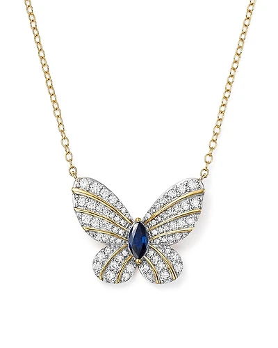 Diamond and Blue Sapphire Butterfly Pendant Necklace