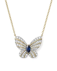 Diamond and Blue Sapphire Butterfly Pendant Necklace