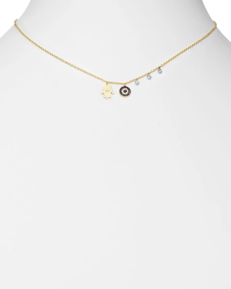 Diamond Hamsa 14K Yellow Gold Evil Eye Necklace, 16"