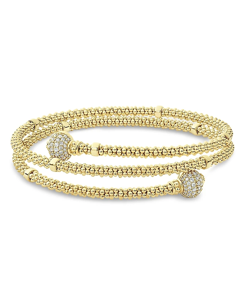 Lagos 18K Yellow Gold Caviar Pave Diamond End Cap Coil Bracelet