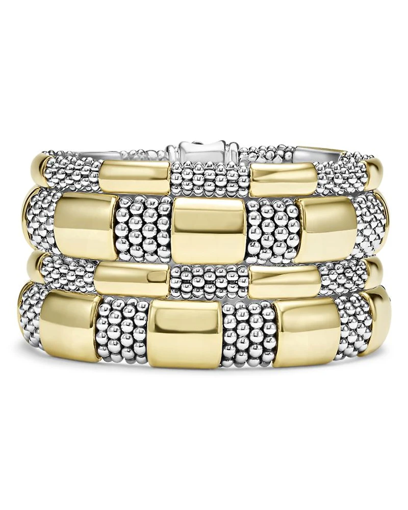 18K Yellow Gold & Sterling Silver High Bar Station Bangle Bracelet