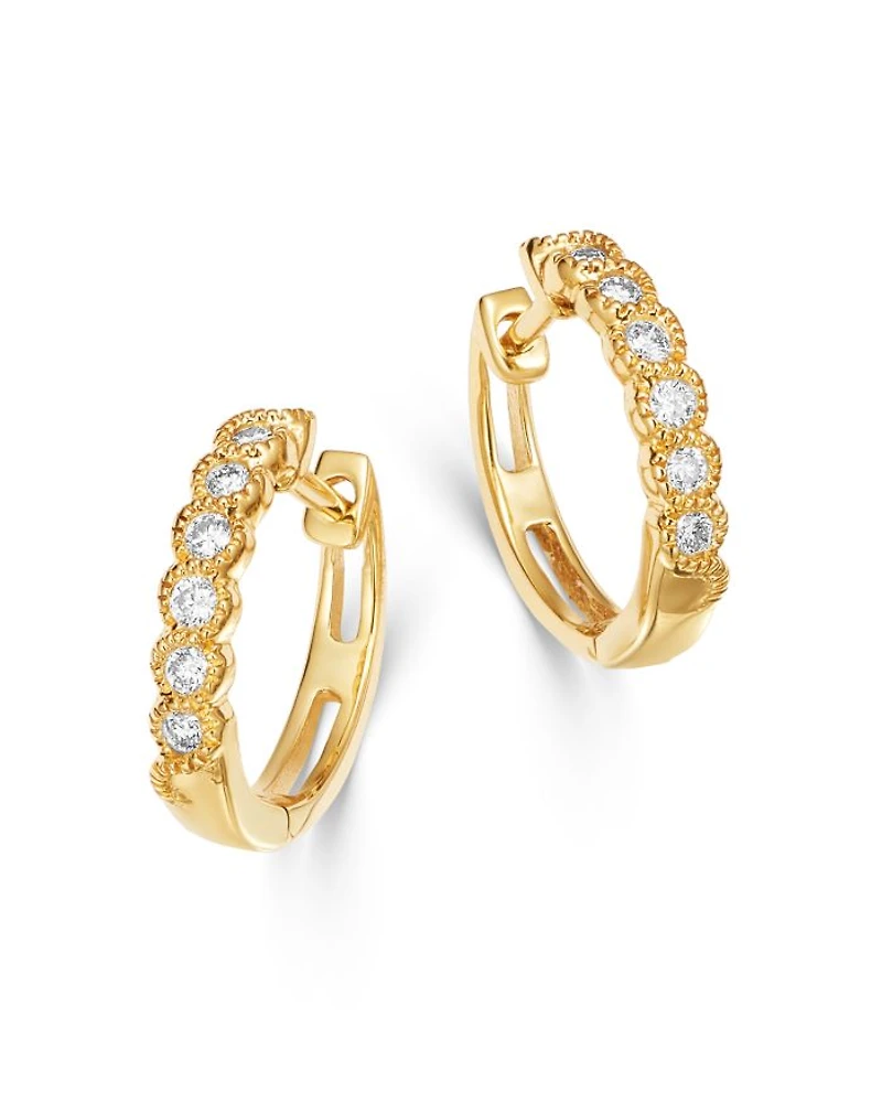 Diamond Milgrain Huggie Hoop Earrings in 14K Yellow Gold, 0.10 tcw