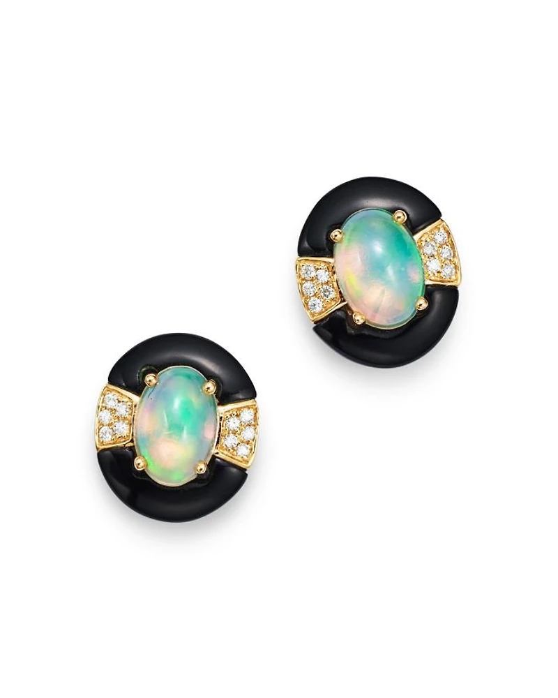 Opal, Black Onyx & Diamond Stud Earrings in 14K Yellow Gold