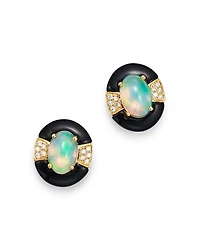Opal, Black Onyx & Diamond Stud Earrings in 14K Yellow Gold