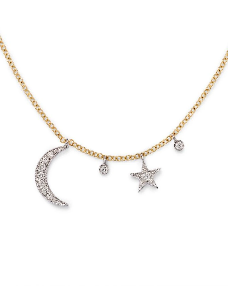 14K White and Yellow Gold Diamond Moon and Star Pendant Necklace, 16"