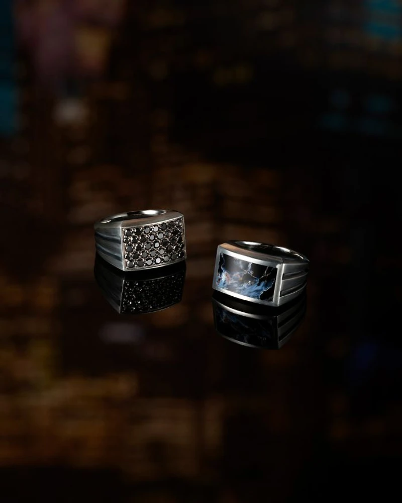 Men's Sterling Silver Beveled Signet Ring with Black Diamonds
