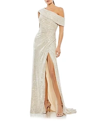 Mac Duggal One-Shoulder Ruched Sequined Gown