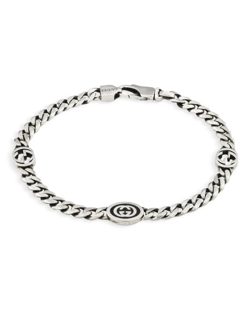 Sterling Silver Black Enamel Double G Logo Curb Link Chain Bracelet