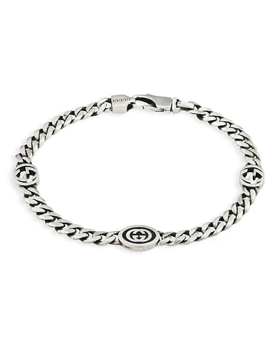 Sterling Silver Black Enamel Double G Logo Curb Link Chain Bracelet