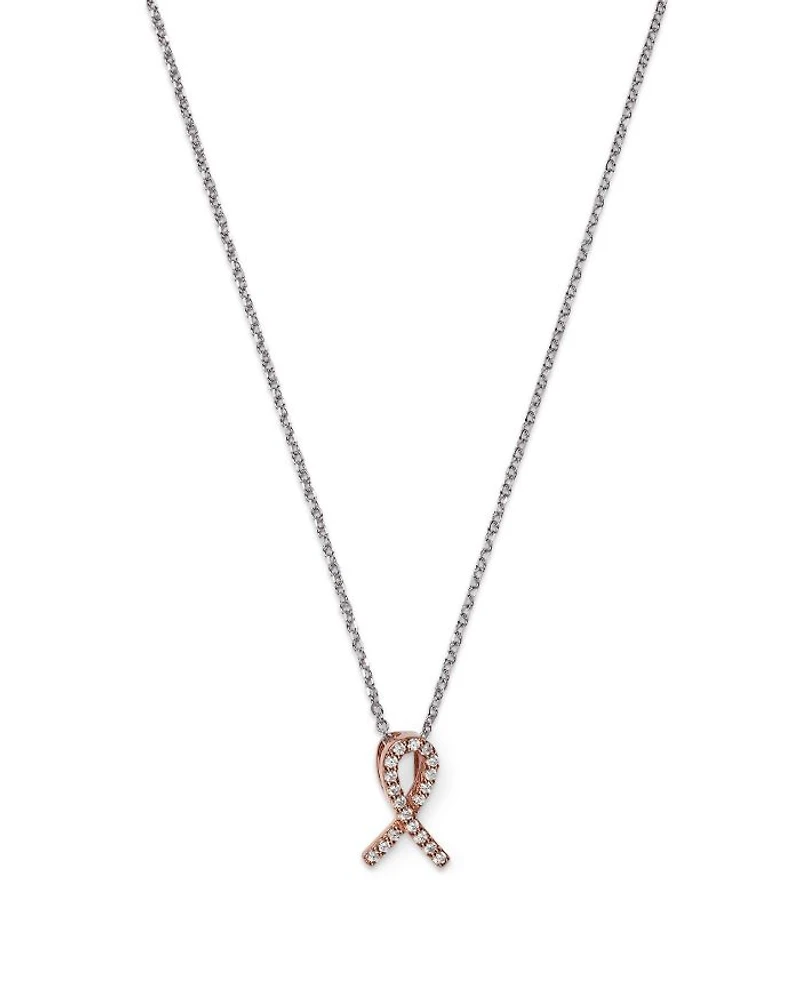 Diamond Pink Ribbon Pendant Necklace in 14K Rose and White Gold, .10 tcw