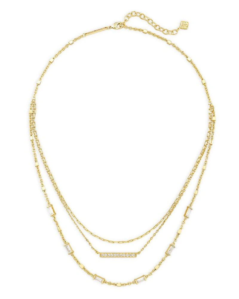 Addison Pavé Bar & Baguette Cubic Zirconia Layered Necklace in 14K Gold Plated, 16"-18"
