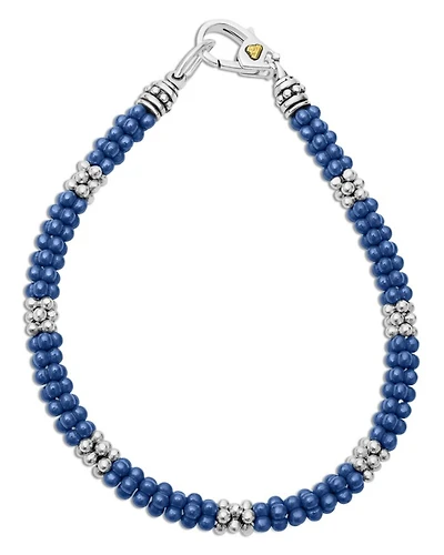 18K Yellow Gold & Sterling Silver Blue Ceramic Caviar Bead Statement Bracelet
