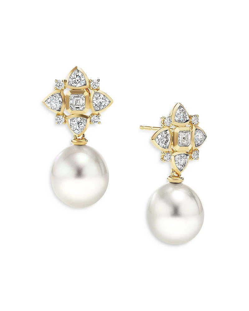 David Yurman 18K Yellow Gold Renaissance Cultured South Sea Pearl & Diamond Flower Drop Earrings