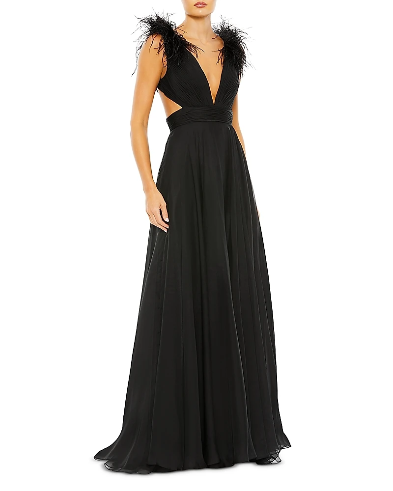Mac Duggal Feather Cut Out Long Dress