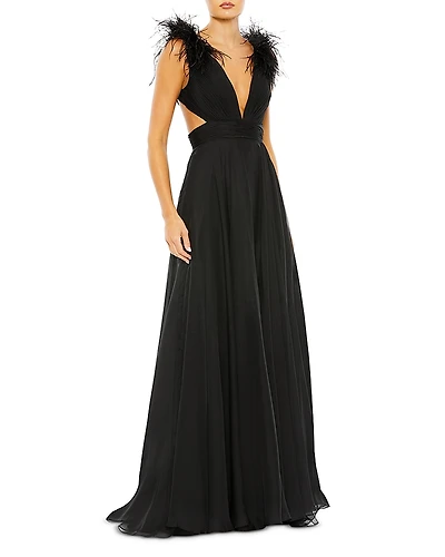 Mac Duggal Feather Cut Out Long Dress