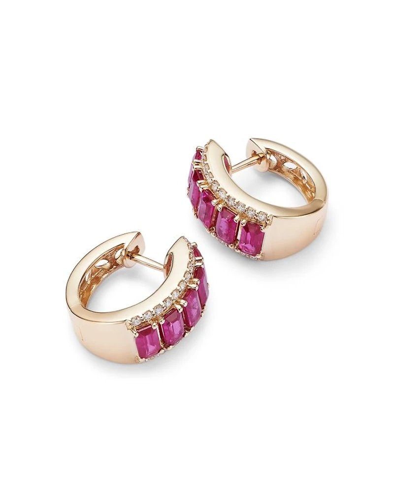 Ruby & Diamond Huggie Hoop Earrings in 14K Yellow Gold