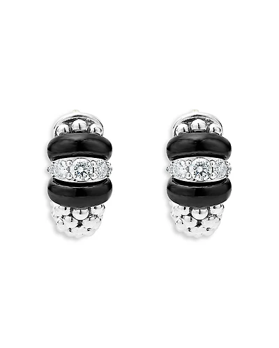 Lagos Sterling Silver Black Caviar Ceramic & Diamond Bead Huggie Hoop Earrings