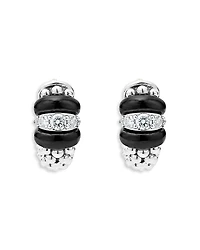 Lagos Sterling Silver Black Caviar Ceramic & Diamond Bead Huggie Hoop Earrings