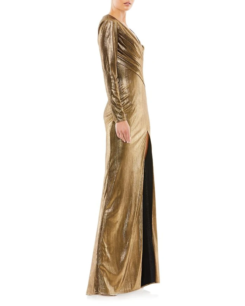 Metallic Long Sleeve Asymmetrical Ruched Gown