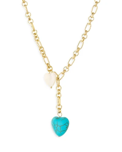 Turquoise & Mother of Pearl Heart 18K Gold Plated Lariat Necklace, 15"