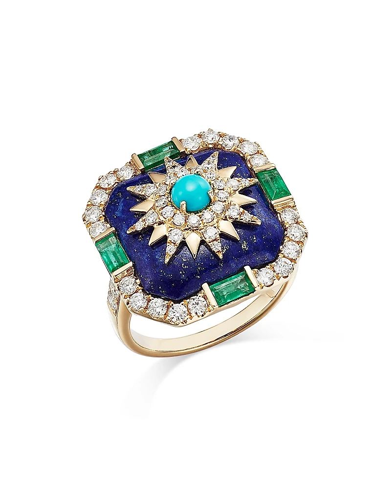 Bloomingdale's Fine Collection Turquoise, Lapis, Emerald, and Diamond Star Statement Ring
