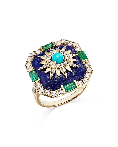 Bloomingdale's Fine Collection Turquoise, Lapis, Emerald, and Diamond Star Statement Ring