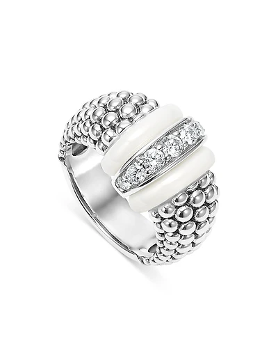 Lagos Ceramic & Sterling Silver White Caviar Diamond Ring