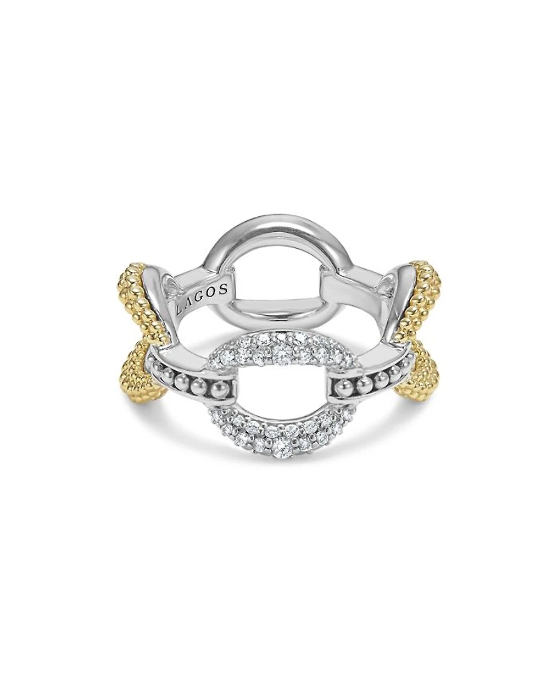 18K Yellow Gold & Sterling Silver Caviar Lux Diamond Oval Link Eternity Band Ring